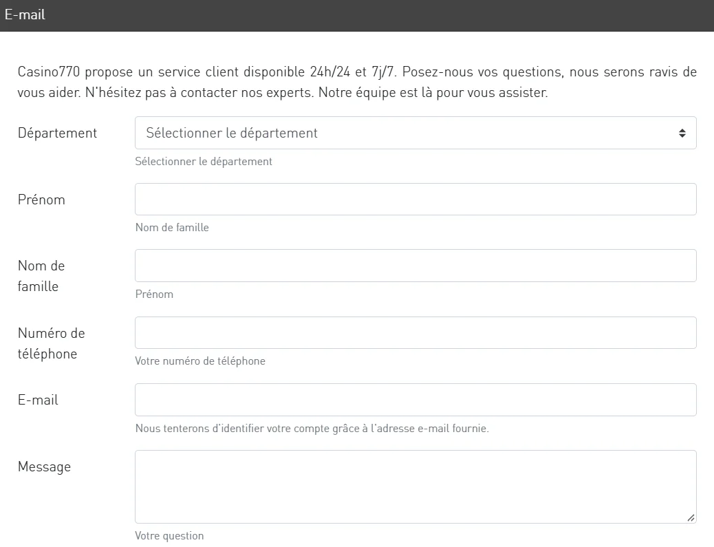 Casino770 formulaire de contact du service client par e-mail, avec sélection du département, coordonnées personnelles et champ de message